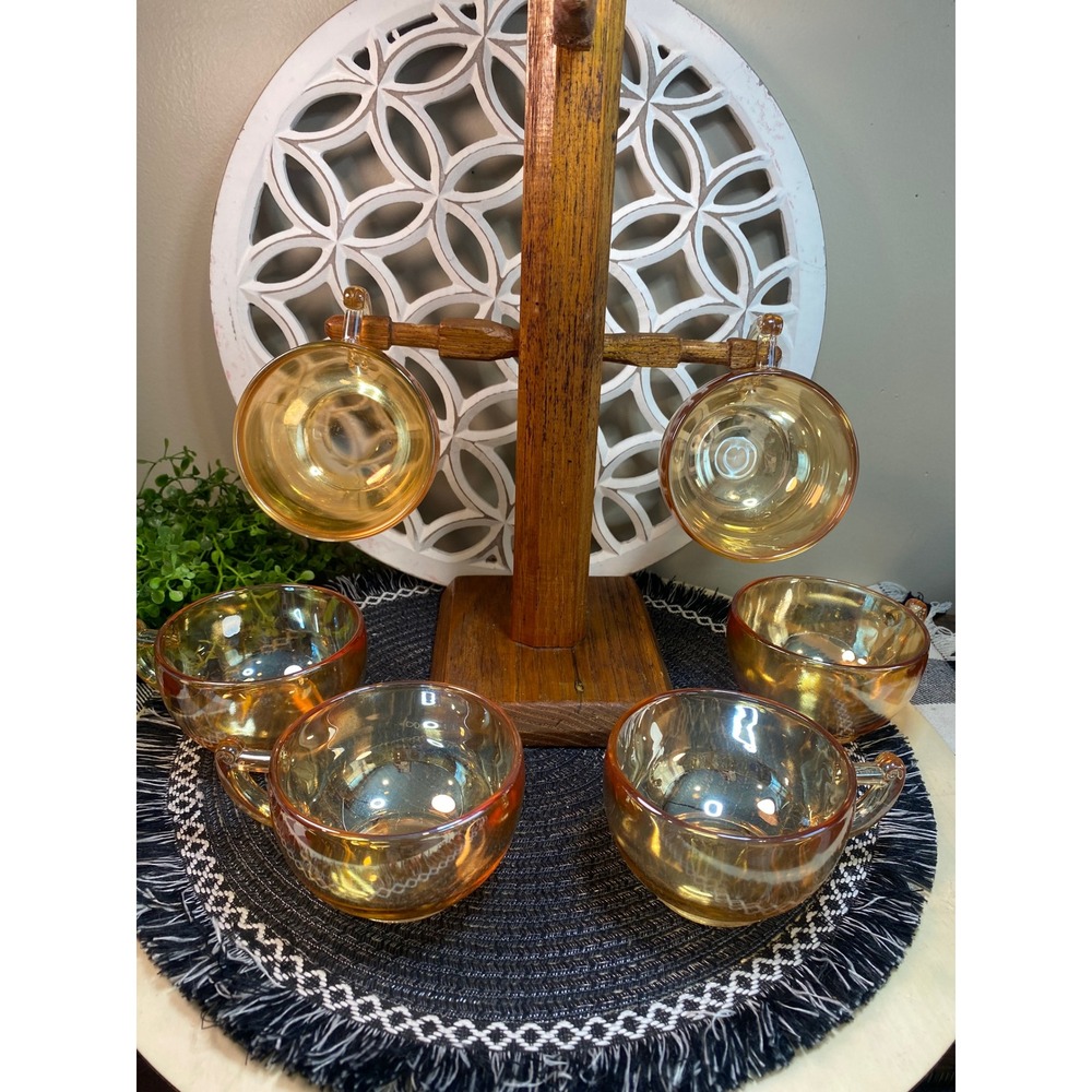 Vintage Fire-King Peach Lustre Tea Cups Set of 6 Iridescent Copper Glass Mugs